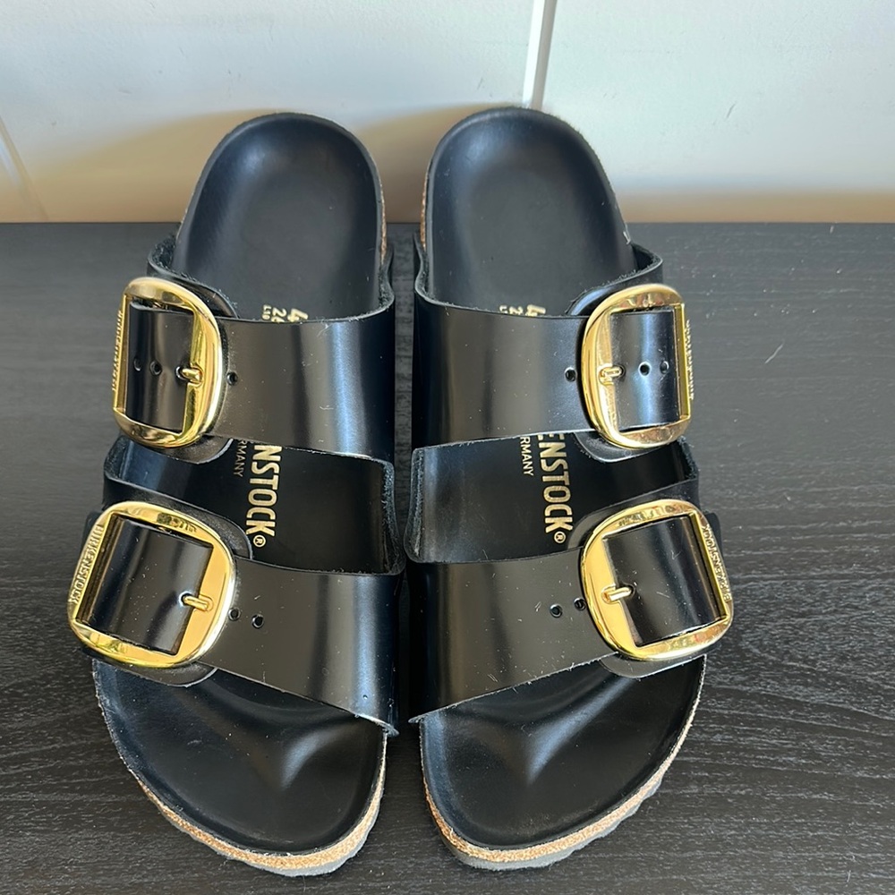 Arizona Birkenstock Black Sandals with Gold Buckles